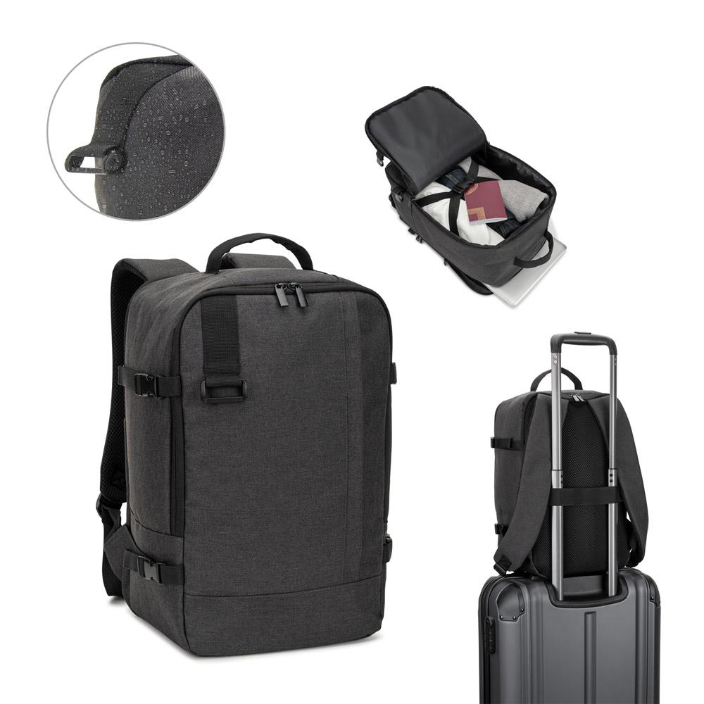 Mochila desenvolvida para cumprir as dimensões exigidas pelas companhias aéreas em poliéster reciclado 600d de alta densidade com acabamento repelente à água (20 l) MO1806 na cor Cinza escuro, brinde personalizado Sky Brindes