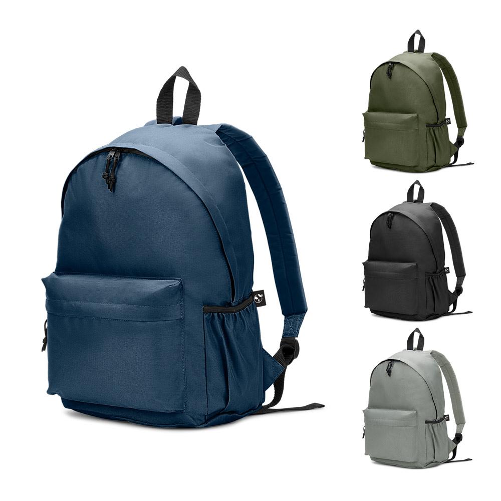 Mochila em poliéster reciclado 600d com bolso frontal espaçoso (20 l) MO1808 na cor Preto, brinde personalizado Sky Brindes