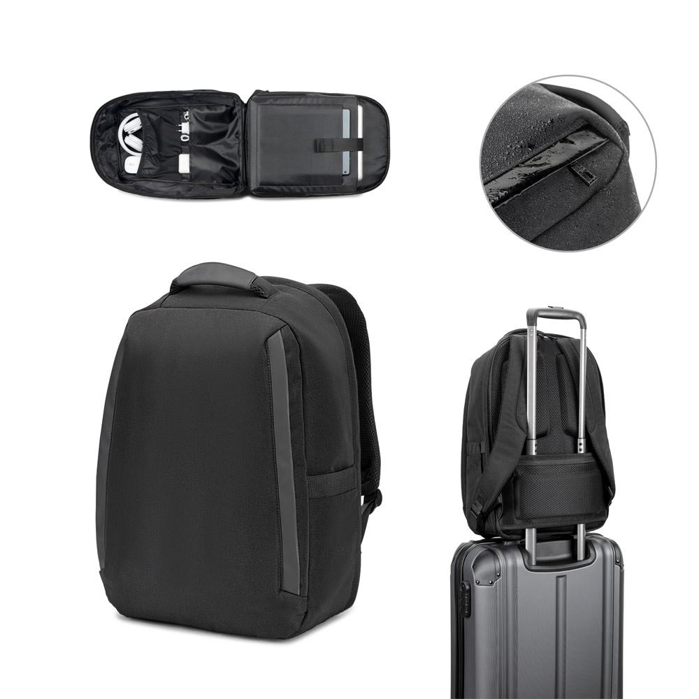 Mochila antirroubo com bolso para notebook (17'3"), em poliéster reciclado 600d twill, resistente à água (20 l) MO1813 na cor Preto, brinde personalizado Sky Brindes