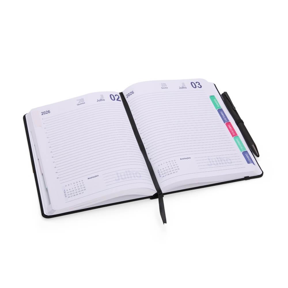 Agenda Diária 2026 Linho PA1798 na cor Preto, brinde personalizado Sky Brindes