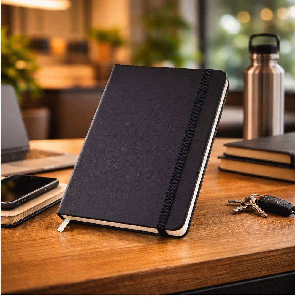 Caderneta tipo Moleskine PA1876 na cor Preto, brinde personalizado Sky Brindes
