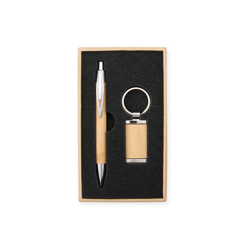 Kit caneta e chaveiro bambu PA1988 na cor Bege, brinde personalizado Sky Brindes