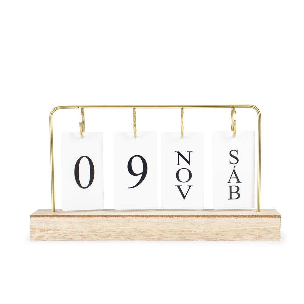 Calendário permanente mdf com alça de ferro PA2041 na cor Madeira e inox, brinde personalizado Sky Brindes