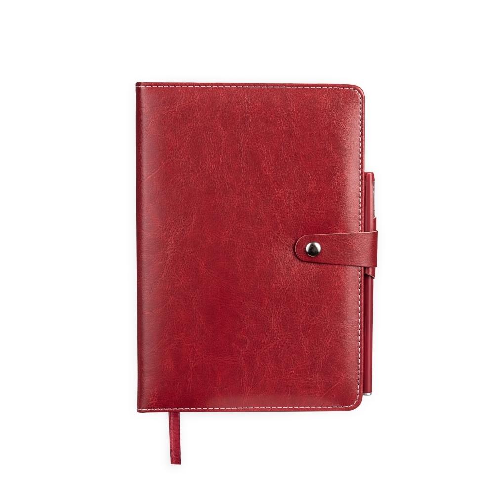 Caderneta couro sintético PA2074 na cor Vermelho e inox, brinde personalizado Sky Brindes