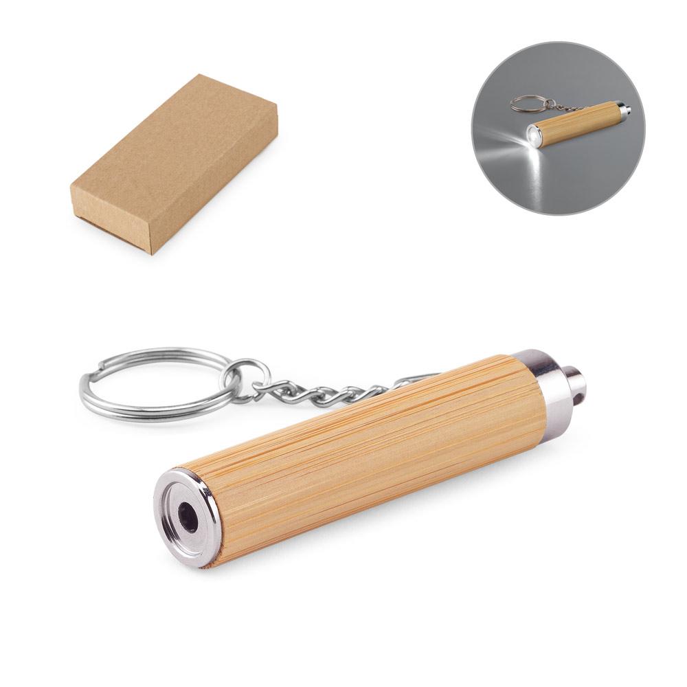 Chaveiro em bambu e abs com lanterna led PA2125 na cor Natural, brinde personalizado Sky Brindes