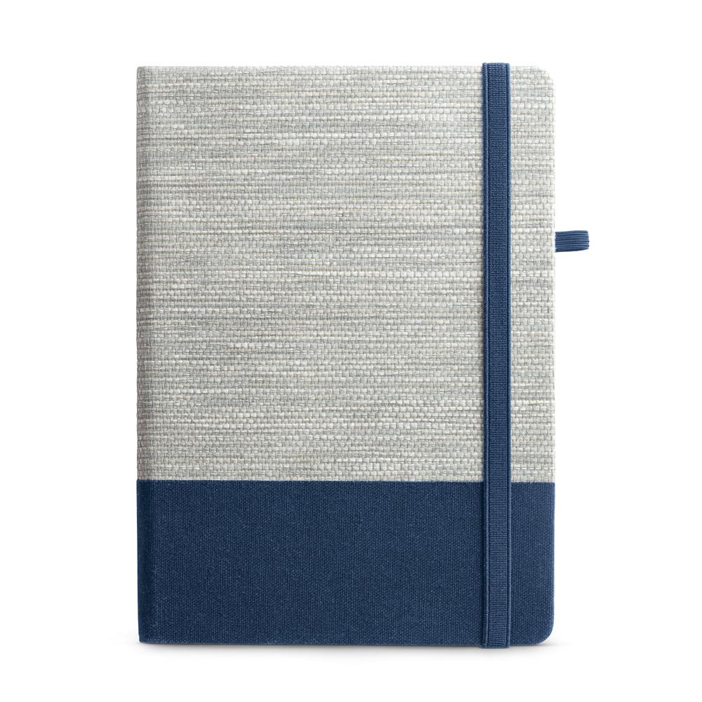 Caderno a5 de capa dura em palha e algodão canvas, com páginas pautadas PA2134 na cor Azul, brinde personalizado Sky Brindes