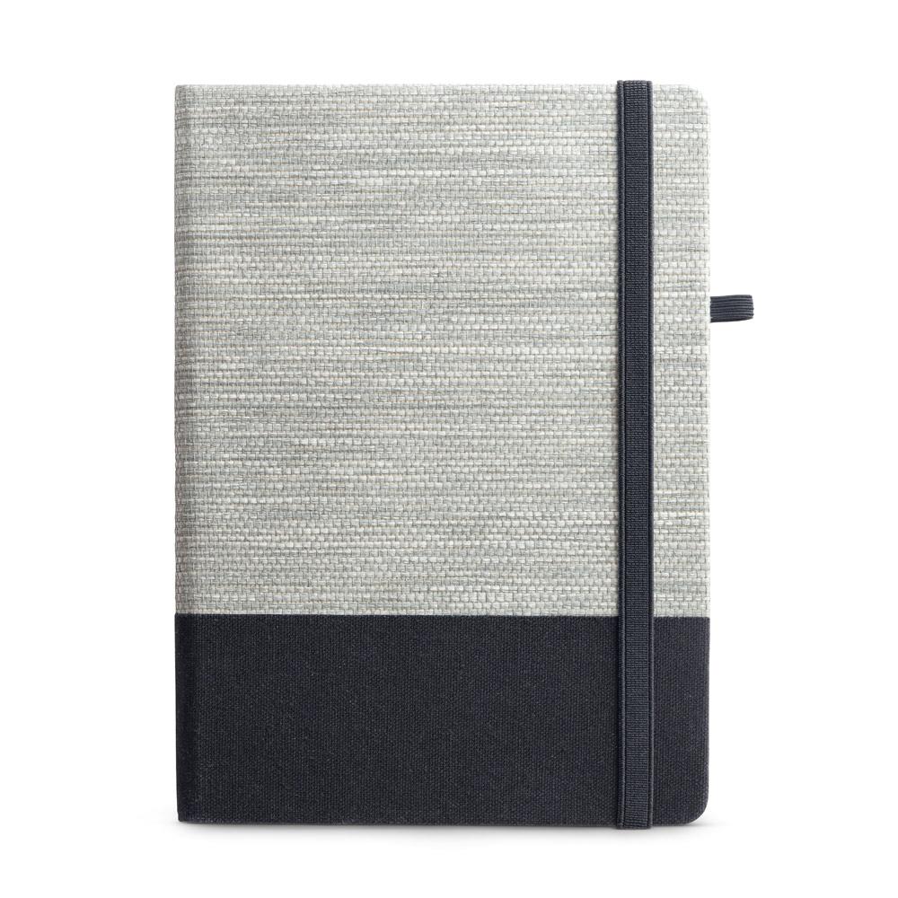 Caderno a5 de capa dura em palha e algodão canvas, com páginas pautadas PA2134 na cor Preto, brinde personalizado Sky Brindes