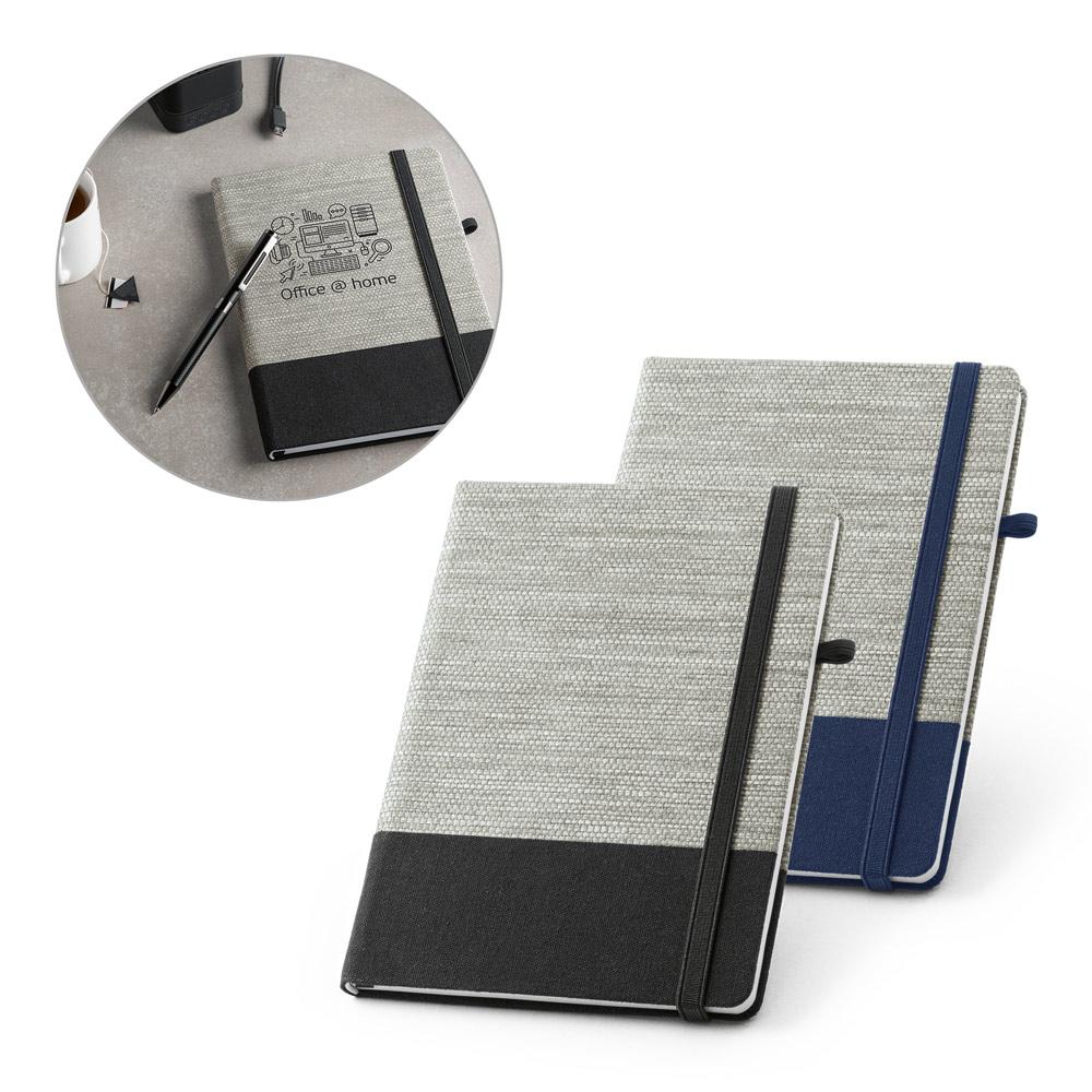 Caderno a5 de capa dura em palha e algodão canvas, com páginas pautadas PA2134 na cor Azul, brinde personalizado Sky Brindes