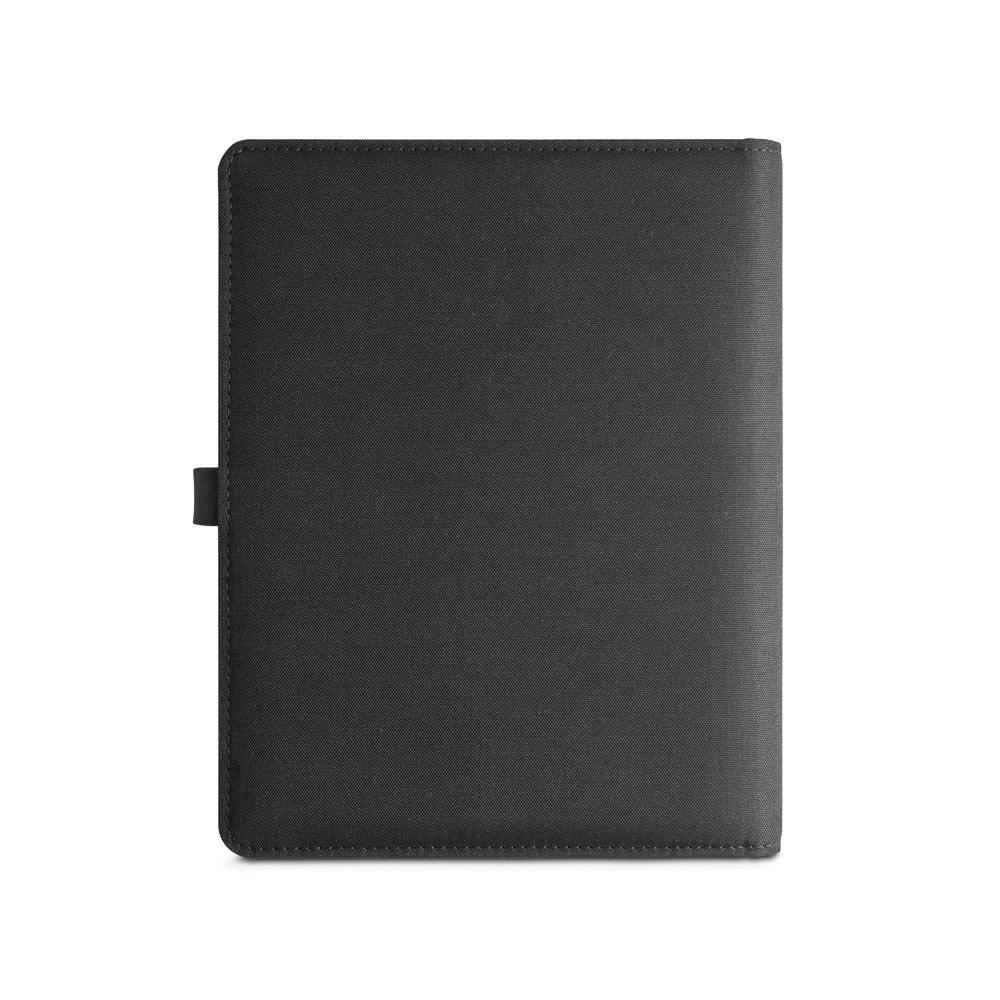 Pasta a5 em 300d poliéster 100% reciclado com carregador por indução embutido (5'000 mah) e bloco com páginas pautadas PA2135 na cor Preto, brinde personalizado Sky Brindes