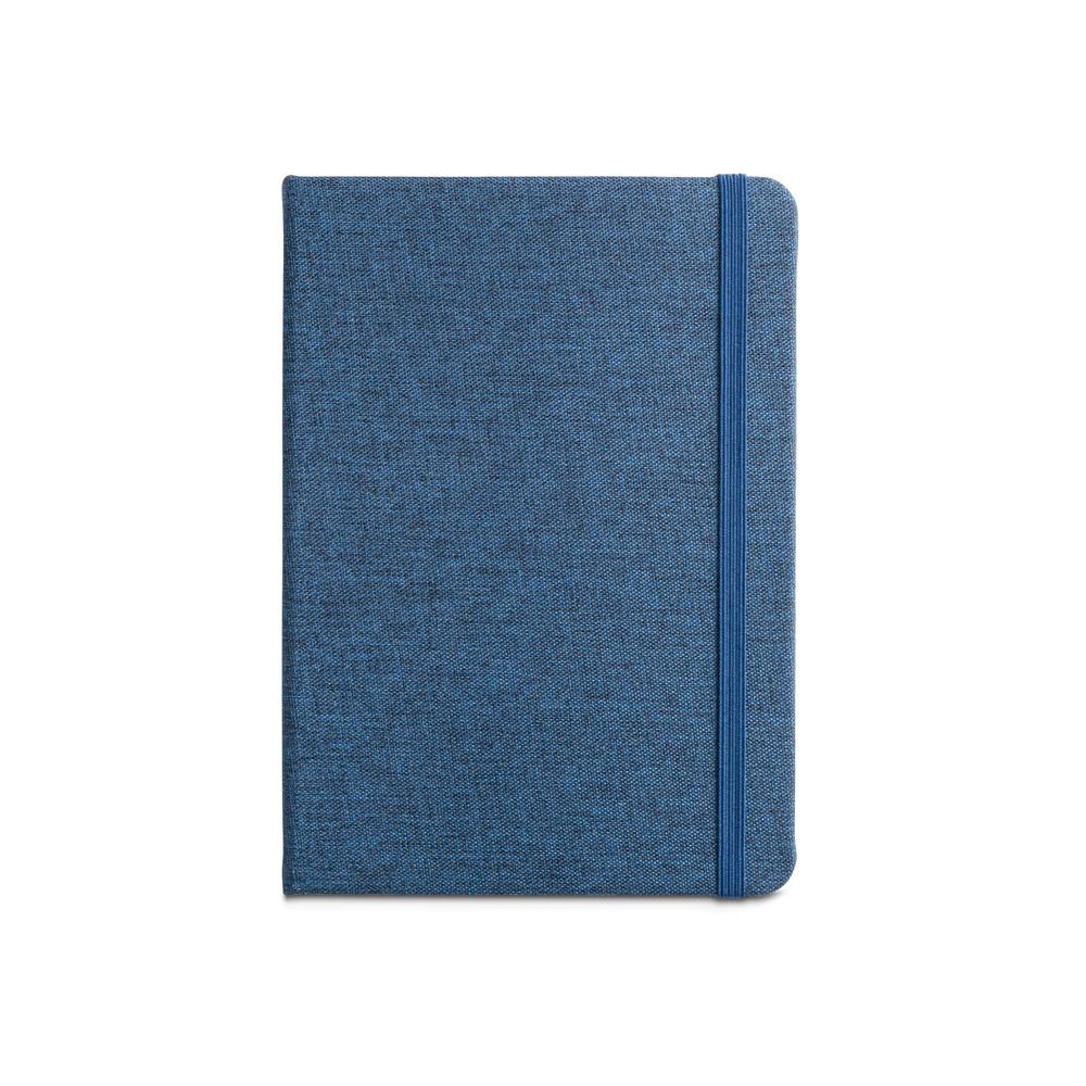 Caderno a5 de capa dura em poliéster 100% reciclado com páginas pautadas PA2139 na cor Azul, brinde personalizado Sky Brindes
