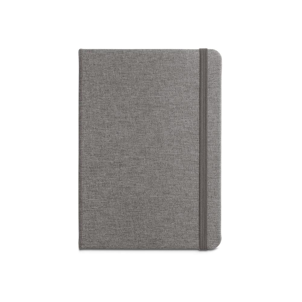 Caderno a5 de capa dura em poliéster 100% reciclado com páginas pautadas PA2139 na cor Cinza escuro, brinde personalizado Sky Brindes