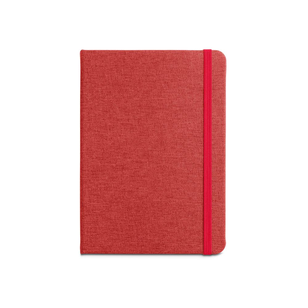 Caderno a5 de capa dura em poliéster 100% reciclado com páginas pautadas PA2139 na cor Vermelho, brinde personalizado Sky Brindes