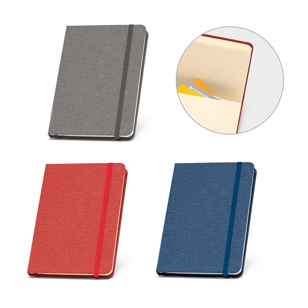 Caderno a5 de capa dura em poliéster 100% reciclado com páginas pautadas PA2139 na cor Cinza escuro, brinde personalizado Sky Brindes