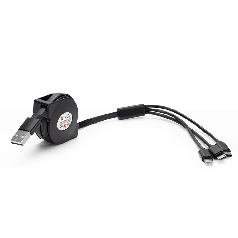 Cabo USB Retrátil 3 em 1 TE1264 na cor Preto, brinde personalizado Sky Brindes