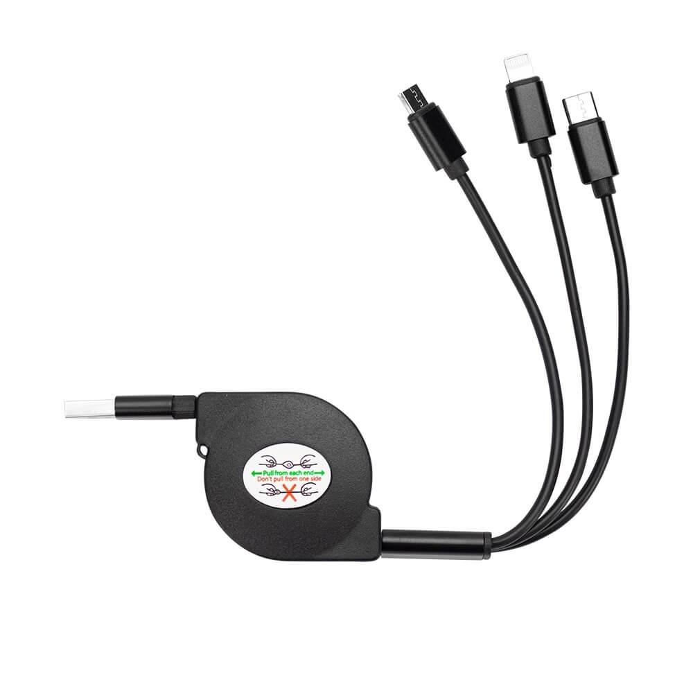 Cabo USB Retrátil 3 em 1 TE1264 na cor Preto, brinde personalizado Sky Brindes