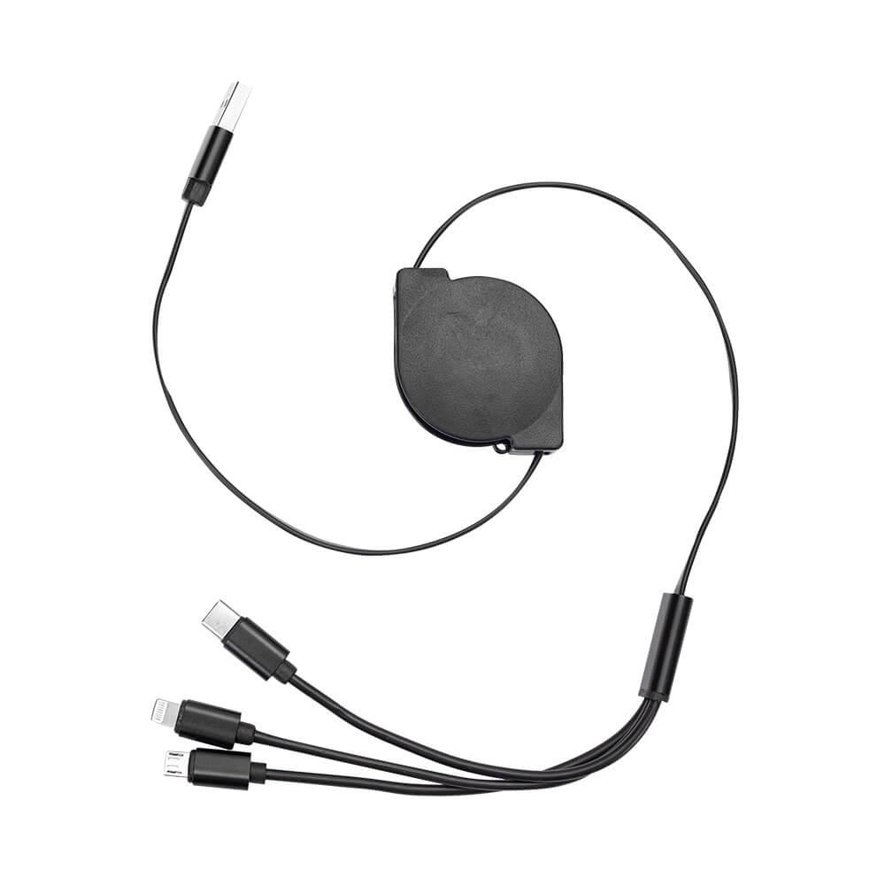Cabo USB Retrátil 3 em 1 TE1264 na cor Preto, brinde personalizado Sky Brindes