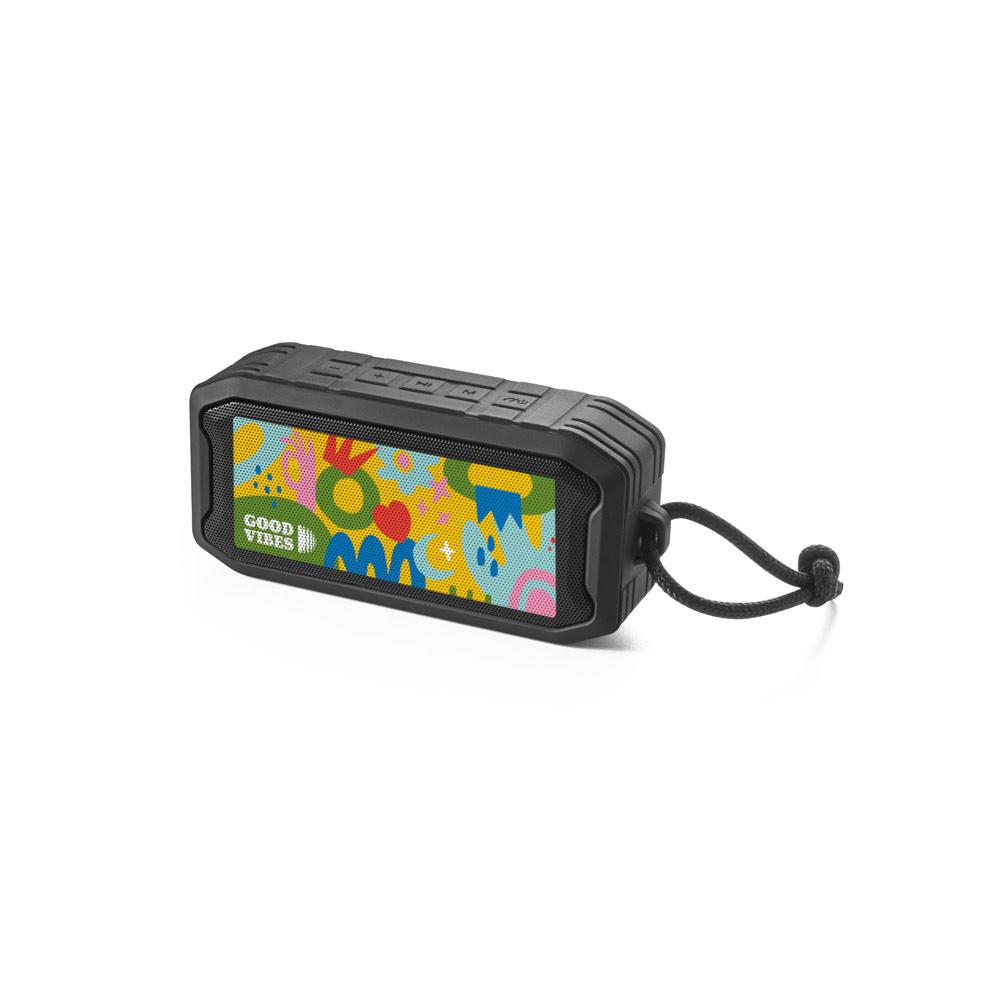 Caixa de som portátil com microfone TE1265 na cor Preto, brinde personalizado Sky Brindes
