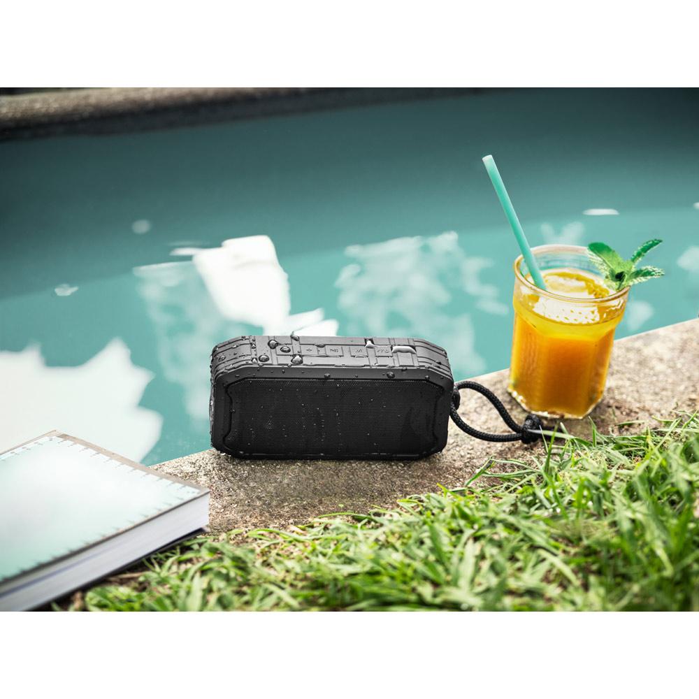 Caixa de som portátil com microfone TE1265 na cor Preto, brinde personalizado Sky Brindes