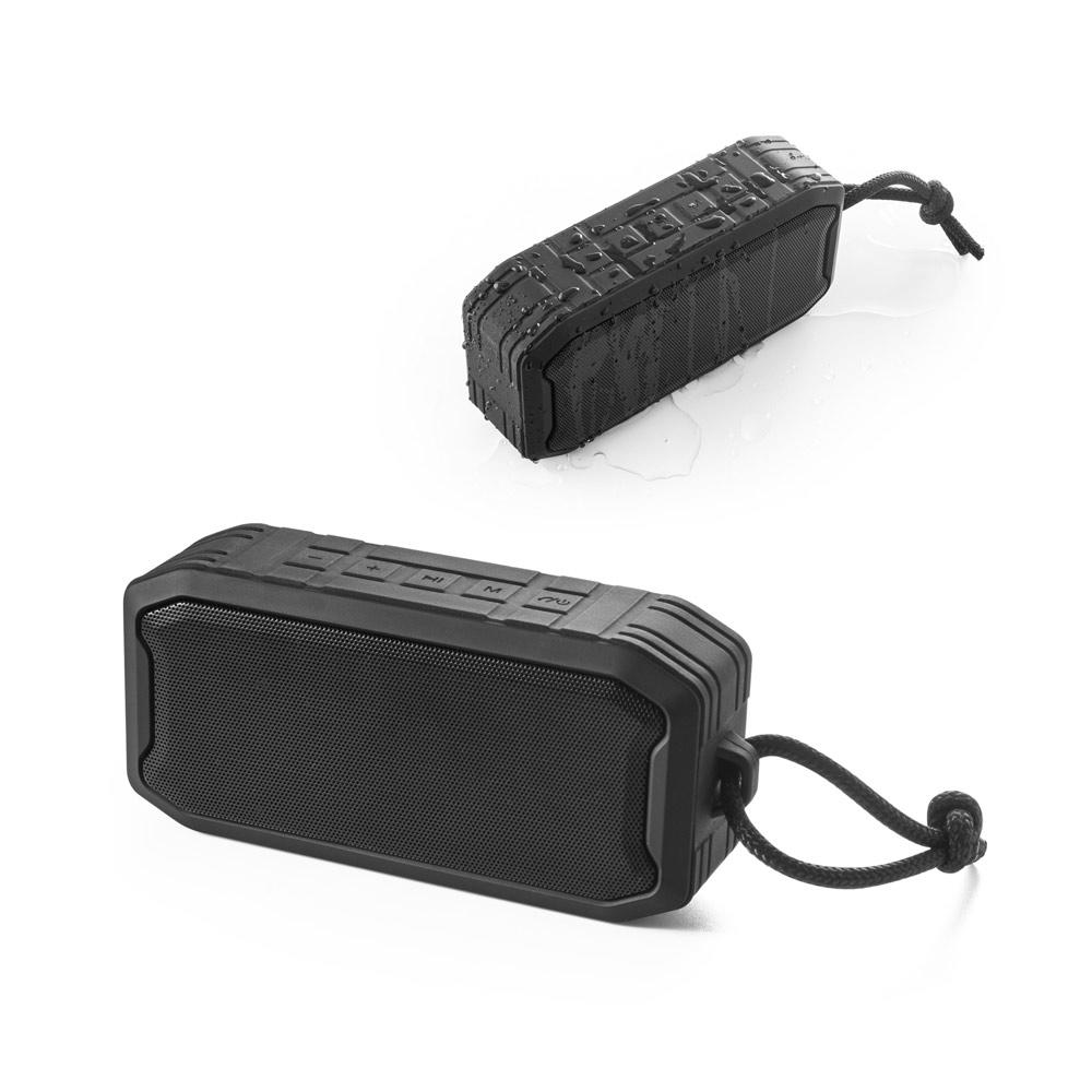 Caixa de som portátil com microfone TE1265 na cor Preto, brinde personalizado Sky Brindes