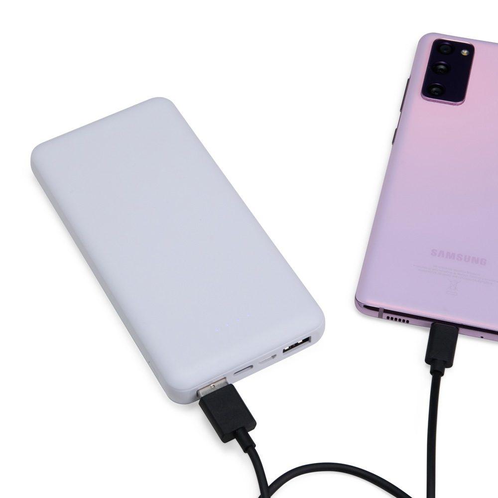 Power Bank 10.000mAh TE1305 na cor Branco, brinde personalizado Sky Brindes