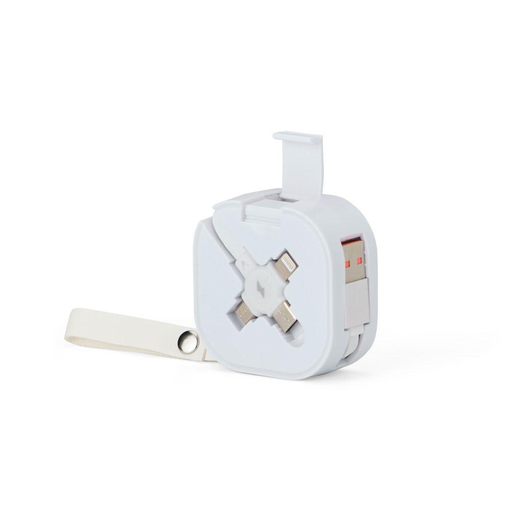 Cabo USB retrátil 3 em 1 TE1345 na cor Branco, brinde personalizado Sky Brindes