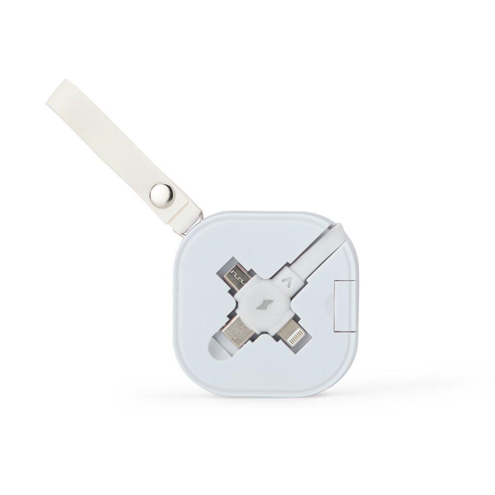 Cabo USB retrátil 3 em 1 TE1345 na cor Branco, brinde personalizado Sky Brindes