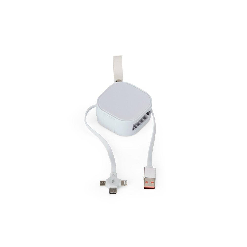 Cabo USB retrátil 3 em 1 TE1345 na cor Branco, brinde personalizado Sky Brindes