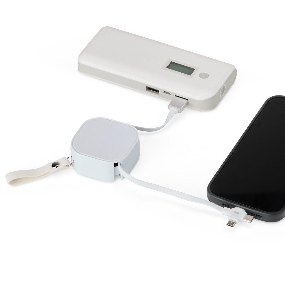 Cabo USB retrátil 3 em 1 TE1345 na cor Branco, brinde personalizado Sky Brindes