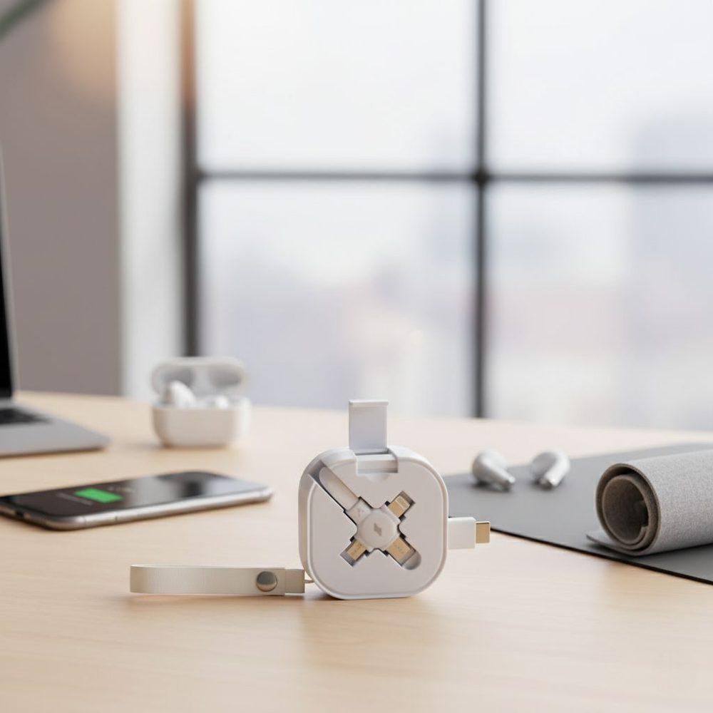 Cabo USB retrátil 3 em 1 TE1345 na cor Branco, brinde personalizado Sky Brindes