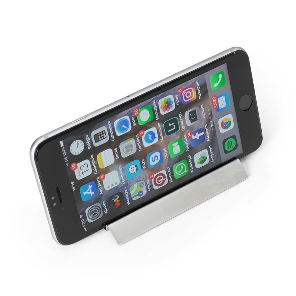 Porta Celular Inox TE1348 na cor Inox, brinde personalizado Sky Brindes
