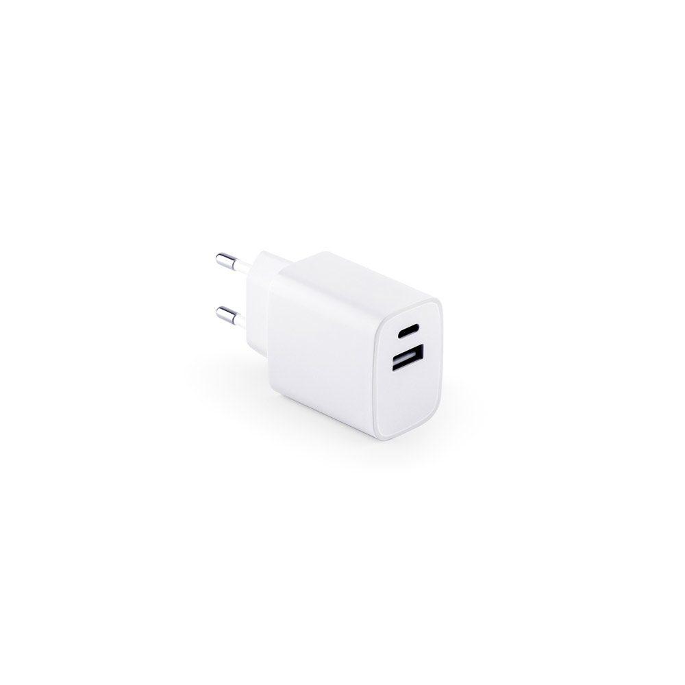 Adaptador USB-A 18W e USB-C 20W TE1350 na cor Branco, brinde personalizado Sky Brindes