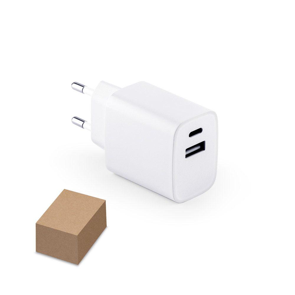Adaptador USB-A 18W e USB-C 20W TE1350 na cor Branco, brinde personalizado Sky Brindes