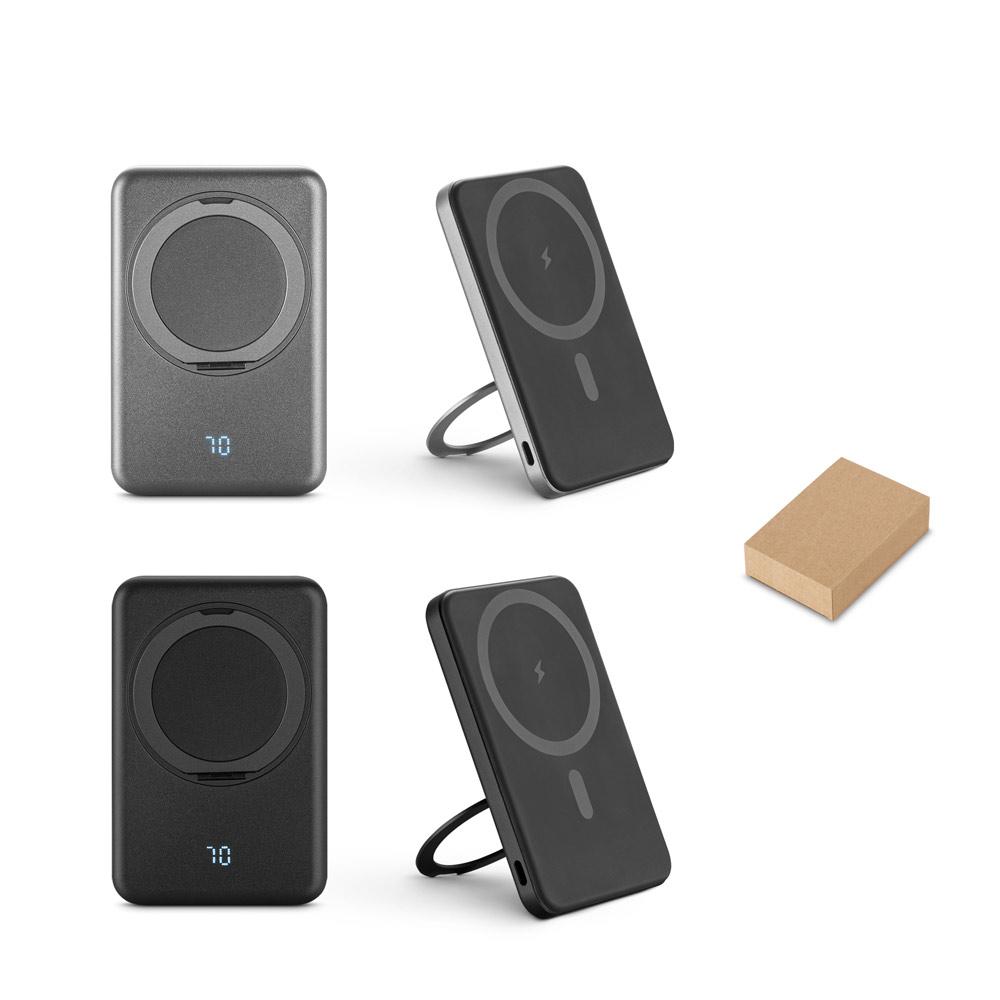 Bateria portátil magnética com carregador por indução super-rápido (5'000 mah), em abs 100% reciclado TE1397 na cor Cinza escuro, brinde personalizado Sky Brindes