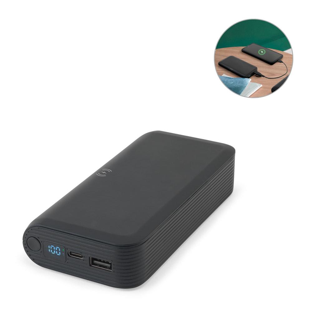 Bateria portátil com carregador por indução super-rápido (20'000 mah), em abs 100% reciclado TE1398 na cor Preto, brinde personalizado Sky Brindes