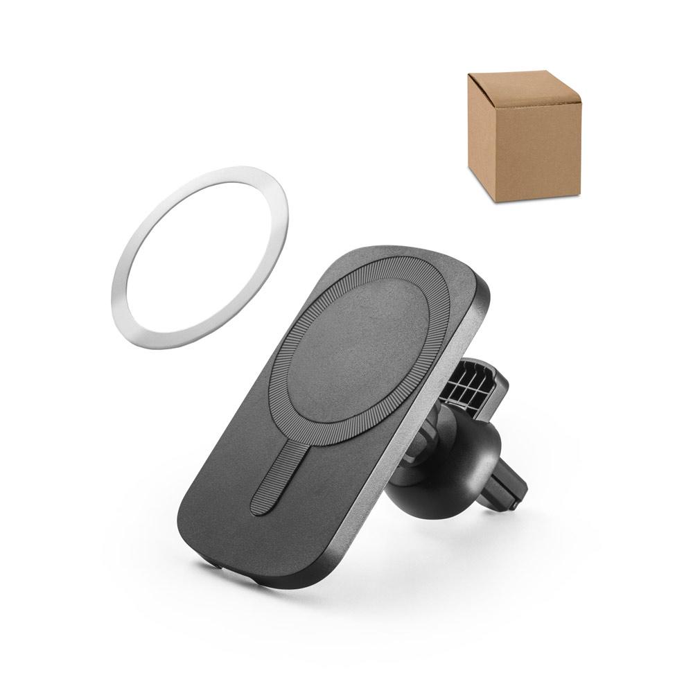 Carregador magnético por indução super-rápido (wireless) com a funcionalidade de suporte para carro, em abs 60% reciclado e silicone TE1404 na cor Preto, brinde personalizado Sky Brindes
