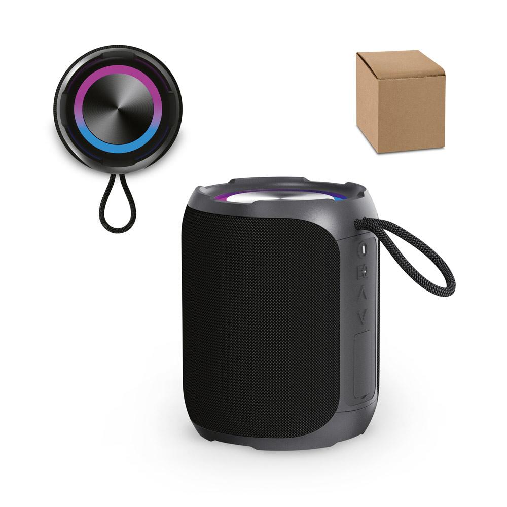 Caixa de som à prova de água (ipx6), em abs 100% reciclado (2'600 mah) TE1407 na cor Preto, brinde personalizado Sky Brindes
