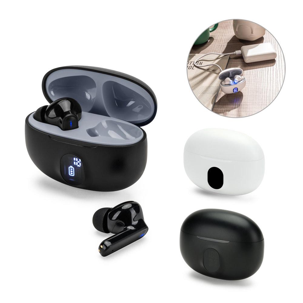 Fones de ouvido wireless com autonomia de 4h (200 mah), em abs 100% reciclado TE1409 na cor Branco e cobre, brinde personalizado Sky Brindes