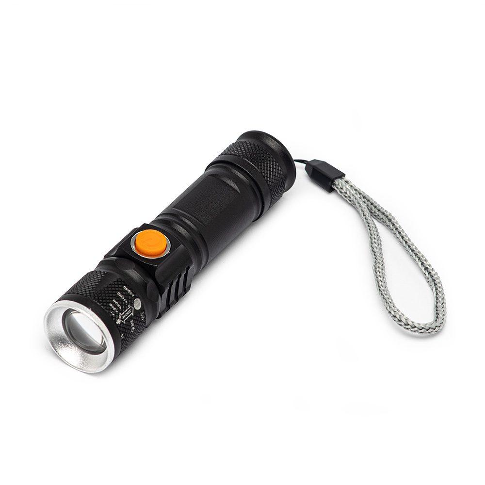 Lanterna metal recarregável UF1226 na cor Preto, brinde personalizado Sky Brindes