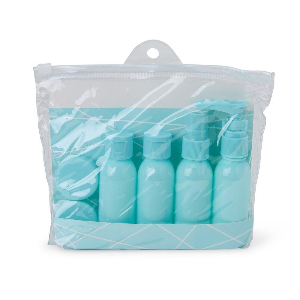 Kit Viagem Plástico 6 Peças VG1665 na cor Turquesa, brinde personalizado Sky Brindes