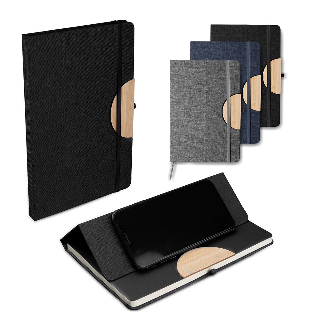 Caderno a5 capa em rpet e detalhe em bambu