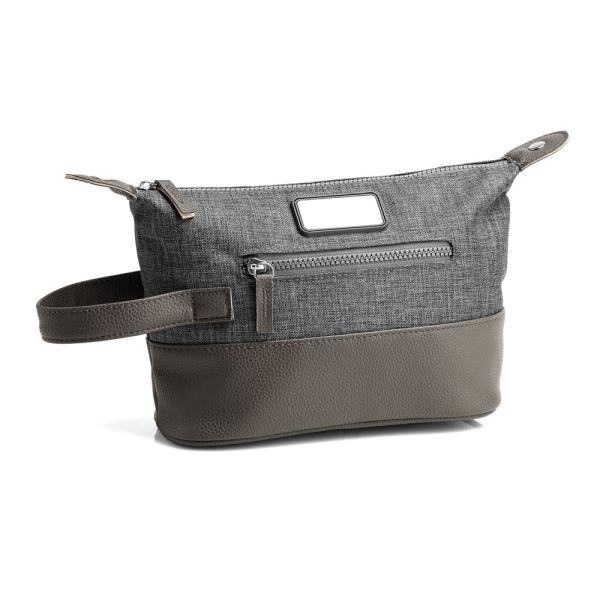 Necessaire em poliester 300d com detalhes em couro - cinza