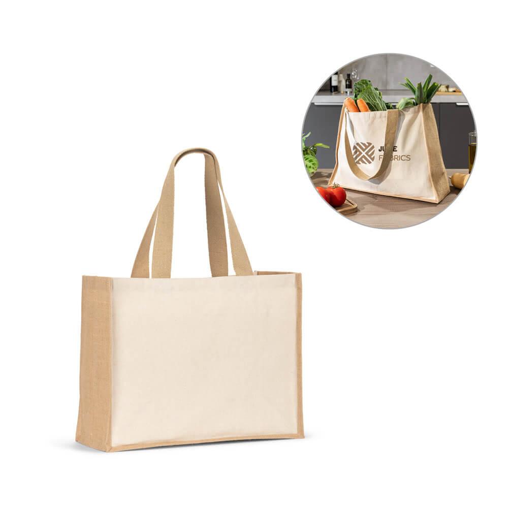 Sacola em canvas (320gm²), com fundo e laterais em juta laminada (350 gm²) de tons naturais