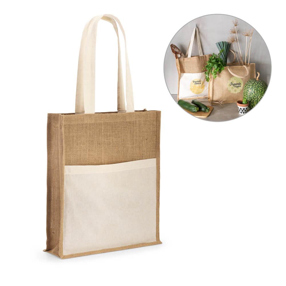 Sacola em 100% juta (240 gm²) e bolso em 100% algodão (140 gm²)