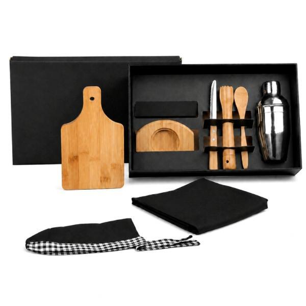 Kit para caipirinha em bambu madeira com avental e bandana - 0,35 l - 8 pçs