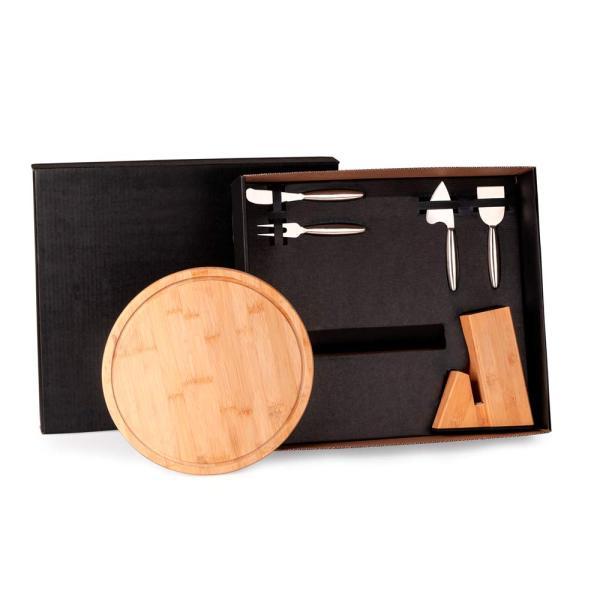 Conjunto para queijo com cepo em bambu inox - 6 pçs