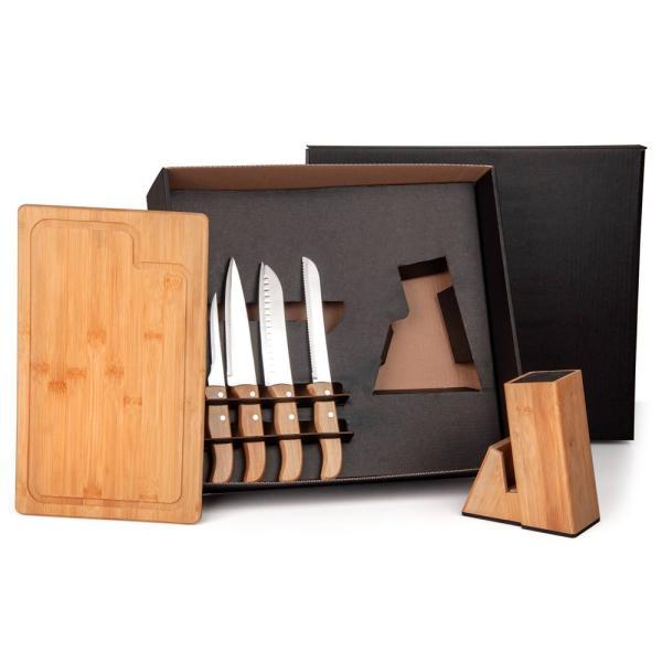 Conjunto para cozinha com cepo em bambu madeira inox - 6 pçs