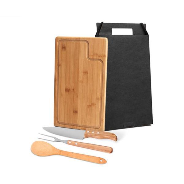 Conj. para churrasco em bambu madeira inox - 4 pçs