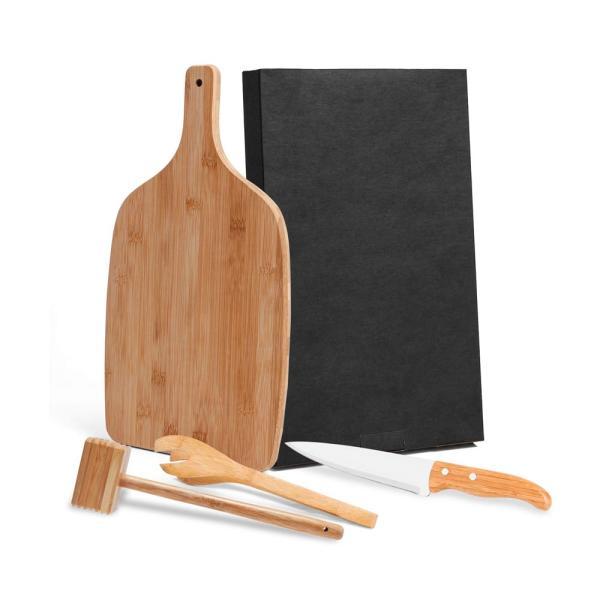 Kit para cozinha com tábua, pegador e martelo - 4 pçs