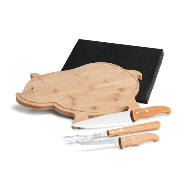 Kit para cozinha com tábua porco em bambu madeira inox - 4 pçs