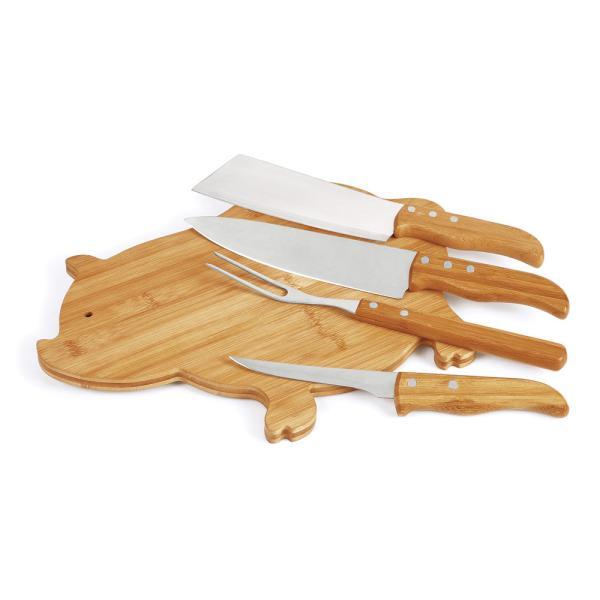 Kit para cozinha com tábua porco em bambu madeira inox - 5 pçs